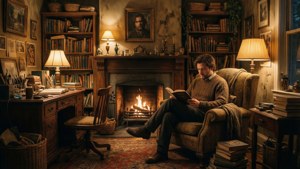 Un fond d'écran nostalgique d'un bureau confortable avec un homme lisant, capturant les moments intimes de Remedy.