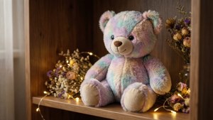 Pehmeä teddykarhun nalle kylpee lämpimässä satujen valossa rustiikkisella hyllyllä.