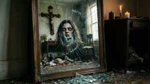 Ein zerbrochener Spiegel im Amityville-Haus spiegelt ein verzerrtes Gesicht wider