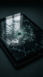 A damaged tablet with shattered screen on a dark surface. — Tablet Picture