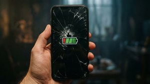 Hand håller sprucken telefon med låg batterivarning, dramatisk belysning.