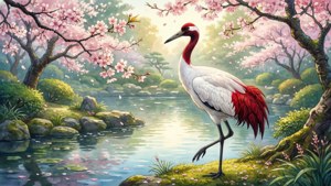 Pemandangan taman Jepang yang tenang dengan bangau mahkota merah dan bunga sakura dalam gaya cat air.