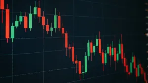 Finansiellt ljusstakediagram som visar aktiemarknadstrender med röda och gröna staplar.
