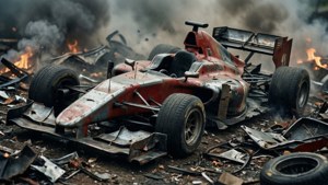 Detaillierte Folgen eines Podracer-Absturzes mit Rauch und Flammen.