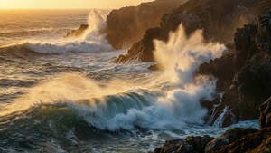Papel de parede de paisagem marinha 16K de ondas batendo em falésias ao pôr do sol