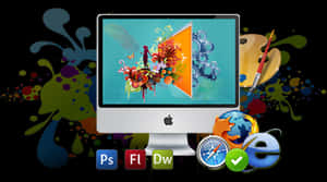 iMac-Computer mit farbenfrohem abstraktem Hintergrundbild und kreativen Software-Icons. — Ästhetischer Computer 4K Wallpaper