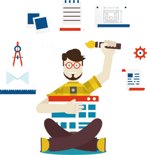 A smiling designer holding a paintbrush and web layout surrounded by creative icons.