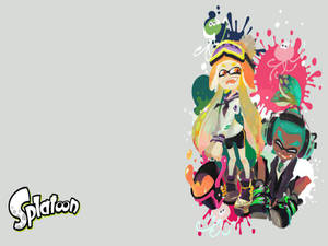Personnages d'anime Splatoon entourés d'éclaboussures d'encre colorées.