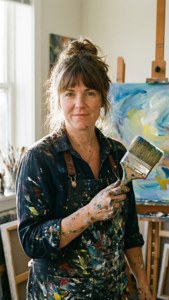 Alyssa Sutherland i et kunstnerstudio med malingssprut.