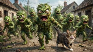 En gruppe creepers flygter fra en kat i en landsby