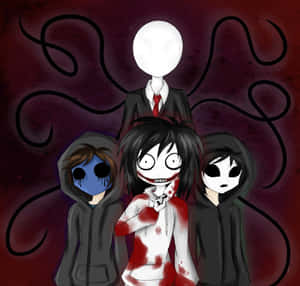 Three hooded figures with unsettling faces stand before a tall white-headed horror entity with black tendrils.