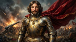 Retrato épico do príncipe Rupert em armadura em um campo de batalha com fogo de canhão