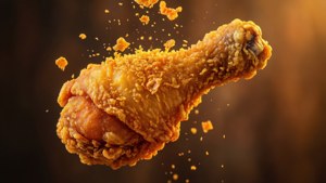 Eine extreme Makroaufnahme einer knusprigen Flocke, die von einem Hähnchenschenkel fällt, abstrakte Food-Art.