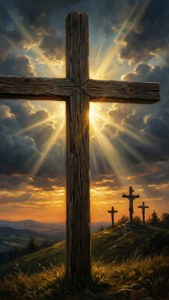 Une scène dramatique de coucher de soleil avec une croix en bois, représentant le sacrifice et la résurrection.