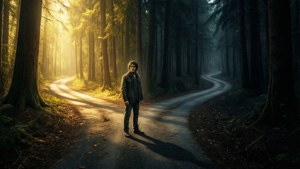 A person stands at a crossroads in a misty forest with sunlight filtering through the trees. — Life Is Strange Wallpaper