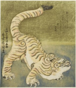 Crouching tiger by Utagawa Kunisada I (Toyokuni III), created 1830, in Color woodblock print; shikishiban, surimono. Download this artwork as a high-resolution — Art Picture