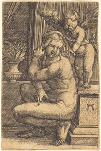 Crouching Venus by Albrecht Altdorfer, created c. 1525/1530, in engraving on laid paper. Download this artwork as a high-resolution wallpaper for desktop, table — Albrecht Altdorfer Wallpaper