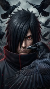 Itachi berdiri dengan gagak khasnya dalam suasana gelap