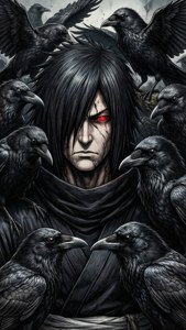 Itachi Uchiha surrounded by his signature crows in a dark fantasy setting.