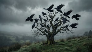 Zwarte kraaien die rond een dode boom op een mistige heuveltop cirkelen, creëren een gotisch, pessimistisch landschap.