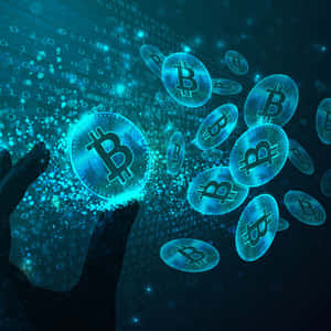Hand reaching out to glowing bitcoin coins in a digital binary code environment.