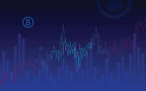 Bitcoin cryptocurrency price chart with candlestick and bar graphs in blue and pink.