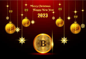 Gyldne Bitcoin-ornamenter og snefnug til jul og nytår 2023. — Cryptocurrency Billeder