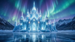 Un palacio de hielo bajo la aurora boreal.