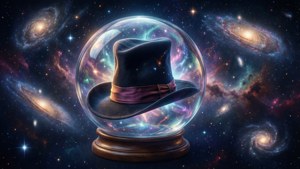 Chapéu Seletor dentro de uma bola de cristal flutuando no espaço com estrelas e galáxias.