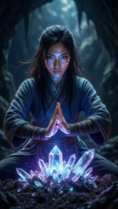 Toph crea cristalli luminosi in una grotta oscura con luce blu e viola