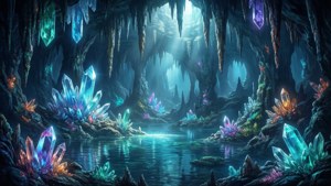 En underjordisk fantasy-grotte fyldt med glødende krystaller
