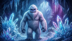 Yeti in einer mystischen Eishöhle mit leuchtenden blauen und violetten Kristallen ringsum.
