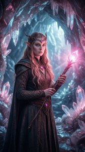 Elfaria di gua kristal dengan tongkat bercahaya, pantulan magis di mana-mana.