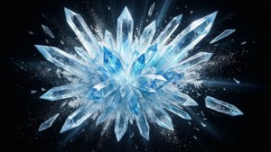 Jäinen räjähdys sinisiä ja valkoisia kristallinsirpaleita jäähiukkasten kera.