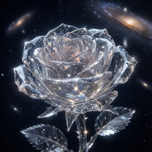 Une seule rose de cristal et de lumière d'étoile flottant dans l'espace avec des pétales lumineux