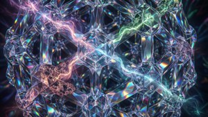 Abstraktes Multiversum als neonfarbenes Kristallgitter mit Energieflüssen.