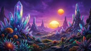 Mielikuvituksellinen muukalaisplaneetan maisema, joka yhdistää scifiä ja fantasiaa
