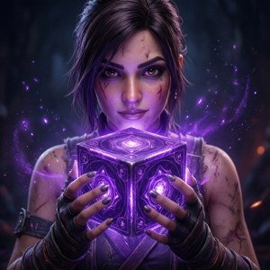 Calamity samhandler med den mystiske lilla kuben i en mystisk scene.