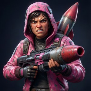 Cuddle Team Leader-hud svettende og sint med rakettkaster, rosa mørk kontrast