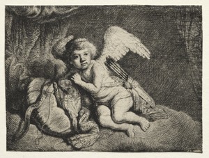 Cupid Resting by Rembrandt van Rijn, created 1600s, in etching and drypoint. Download this artwork as a high-resolution wallpaper for desktop, tablet, or mobile — Art Picture