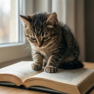 Een schattige achtergrond van een kat die op een boek zit, perfect voor dierenliefhebbers.