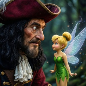 Kaptein Krok møter Tinker Bell i en magisk konfrontasjon.