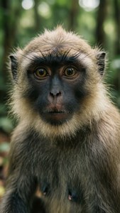 En langur-aber, der får øjenkontakt med et nysgerrigt udtryk.