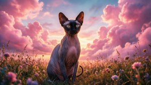 Kucing Sphynx yang aneh di tengah awan merah muda saat matahari terbenam.