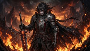 Een donkere fantasy-animebanner met een vervloekte ridder in een hels landschap.