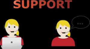 Two cartoon support agents with headsets one using laptop other with speech bubble