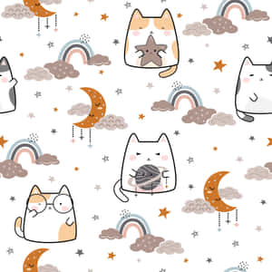 Cute cartoon cats with stars moons and rainbows float among clouds in a repeating pattern. — Kawaii Cat Picture