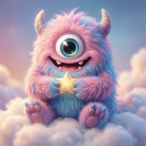 Et nuttet fluffy monster på en sky, der holder en stjerne.