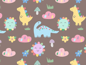 Cute cartoon dinosaurs flowers clouds and mushrooms in pastel colors on brown background.