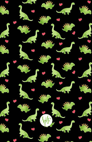 Green watercolor dinosaurs and pink hearts on black background.